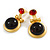 Black/Red Glass Double Bead Drop Earrings in Bright Gold Tone - 35mm L - view 5