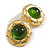 30mm D Round Button Gold Tone with Green Glass Stone Stud Earrings/ Retro Style - view 2