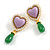 Statement Acrylic Heart Drop Earrings in Gold Tone in Lavender/Green/White - 50mm Long - view 2