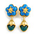 Blue Acrylic Flower with Teal Glass Dangle Earrings in Bright Gold Tone - 65mm Long/ 20g Weight One Earrings