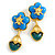 Blue Acrylic Flower with Teal Glass Dangle Earrings in Bright Gold Tone - 65mm Long/ 20g Weight One Earrings - view 2