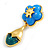 Blue Acrylic Flower with Teal Glass Dangle Earrings in Bright Gold Tone - 65mm Long/ 20g Weight One Earrings - view 4