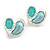 Light Silver Tone with Blue/Aqua Acrylic Bead Assymetric Heart Stud Earrings - 28mm Across