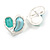 Light Silver Tone with Blue/Aqua Acrylic Bead Assymetric Heart Stud Earrings - 28mm Across - view 4