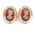 Oval Plum Pink Acrylic Mother Of Pearl Cameo Stud Earrings in Gold Tone - 33mm Tall