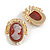 Oval Plum Pink Acrylic Mother Of Pearl Cameo Stud Earrings in Gold Tone - 33mm Tall - view 2