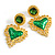 Statement Large Green Hammered Heart Drop Earrings in Bright Gold Tone - 60mm Long - view 2