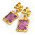 Statement Large Square Dimentional Purple Acrylic Bead Drop Earrings in Gold Tone - 65mm Long/ 20g per earring - view 7
