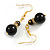 Black/Gold Glass Double Bead with Crystal Ring Drop Earrings in Gold Tone - 45mm Long