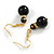 Black/Gold Glass Double Bead with Crystal Ring Drop Earrings in Gold Tone - 45mm Long - view 3