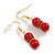 8mm/ Glass Bead with Crystal Ring Red Coloured Drop Earrings in Gold Tone - 40mm Long - view 4