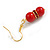8mm/ Glass Bead with Crystal Ring Red Coloured Drop Earrings in Gold Tone - 40mm Long - view 5