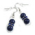 Small Dark Blue Glass Bead with Blue Crystal Ring Drop Earrings in Silver Tone - 40mm Long - view 5
