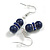 Small Dark Blue Glass Bead with Blue Crystal Ring Drop Earrings in Silver Tone - 40mm Long
