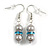 Small Light Grey Glass Bead with Blue Crystal Ring Drop Earrings in Silver Tone - 40mm Long