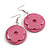 40mm D/ Pink Round Floral Wooden Drop Earrings - 65mm Long (Natural Irregularities)