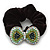 Large Rhodium Plated Crystal Bow Pony Tail Black Hair Scrunchie - Green/Clear