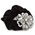 Large Layered Rhodium Plated Crystal Flower Pony Tail Black Hair Scrunchie - Clear/ AB - view 3