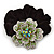 Large Sculptured Rhodium Plated Swarovski Crystal Flower Pony Tail Black Hair Scrunchie - Green/ Clear