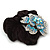 Large Sculptured Rhodium Plated Swarovski Crystal Flower Pony Tail Black Hair Scrunchie - Blue/ Clear - view 3