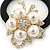 Gold Plated Crystal White Simulated Pearl 'Flower' Pony Tail Black Hair Elastic/Bobble - view 2