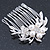 Bridal/ Wedding/ Prom/ Party Rhodium Plated Clear Austrian Crystal, Simulated Glass Pearl Double Flower Hair Comb - 50mm - view 2