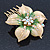 Gold Plated Pale Yellow/ Green Enamel AB Crystal 'Flower' Hair Comb - 55mm - view 7