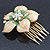Gold Plated Pale Yellow/ Green Enamel AB Crystal 'Flower' Hair Comb - 55mm - view 6