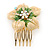 Gold Plated Pale Yellow/ Green Enamel AB Crystal 'Flower' Hair Comb - 55mm - view 3