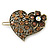 Vintage Inspired Light Topaz Coloured and AB Crystal 'Heart' Hair Slide In Antique Gold Metal - 35mm Across
