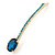 1Pcs Long Teal Blue Oval Glass Stone Hair Grip/ Slide In Gold Plating - 85mm Across - view 4