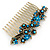 Vintage Inspired Teal/ AB Swarovski Crystal 'Flowers' Side Hair Comb In Antique Gold Tone - 105mm