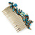 Vintage Inspired Teal Blue Swarovski Crystal 'Flower & Butterfly' Side Hair Comb In Antique Gold Tone - 115mm - view 7