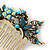 Vintage Inspired Teal Blue Swarovski Crystal 'Flower & Butterfly' Side Hair Comb In Antique Gold Tone - 115mm - view 3