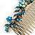 Vintage Inspired Teal Blue Swarovski Crystal 'Flower & Butterfly' Side Hair Comb In Antique Gold Tone - 115mm - view 6