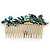 Vintage Inspired Teal Blue Swarovski Crystal 'Flower & Butterfly' Side Hair Comb In Antique Gold Tone - 115mm - view 5