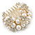 Clear Austrian Crystal, Glass Pearl Floral Side Hair Comb In Antique Gold Tone - 55mm