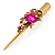 Long Vintage Inspired Gold Tone Fuchsia/ Pink Crystal Floral Hair Beak Clip/ Concord/ Crocodile Clip - 13.5cm L - view 7