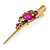 Long Vintage Inspired Gold Tone Fuchsia/ Pink Crystal Floral Hair Beak Clip/ Concord/ Crocodile Clip - 13.5cm L - view 9