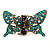 Vintage Inspired Teal Crystal Butterfly with Mobile Wings Hair Claw In Antique Gold Tone - 85mm Across - view 8