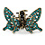 Vintage Inspired Teal Crystal Butterfly with Mobile Wings Hair Claw In Antique Gold Tone - 85mm Across
