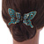 Vintage Inspired Teal Crystal Butterfly with Mobile Wings Hair Claw In Antique Gold Tone - 85mm Across - view 4