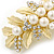 Large Matte Gold Tone Diamante Faux Pearl Floral Barrette Hair Clip Grip - 90mm Across - view 4