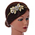 Bridal/ Wedding/ Prom Matte Bright Gold Tone Clear Crystal, White Faux Pearl Floral Tiara Headband - Flex - view 2