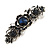 Vintage Inspired Midnight Blue Crystal Floral Barrette Hair Clip Grip In Aged Silver Finish - 85mm Across