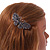 Small Vintage Inspired Midnight Blue Crystal Butterfly Barrette Hair Clip Grip In Aged Silver Finish - 70mm Across - view 3