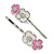 2 Teen White/ Pink Enamel Crystal Floral Hair Grips/ Slides In Silver Tone - 55mm Across - view 5