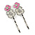 2 Teen White/ Pink Enamel Crystal Floral Hair Grips/ Slides In Silver Tone - 55mm Across - view 8