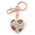 Gold Plated Brown Enamel Flower Pave Set Clear Crystal Puffed Heart Keyring/ Bag Charm - 100mm L - view 5