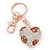Gold Plated Brown Enamel Flower Pave Set Clear Crystal Puffed Heart Keyring/ Bag Charm - 100mm L